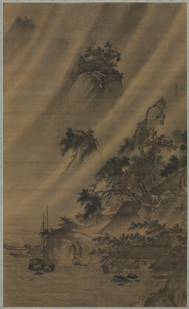 Flussdorf in einem Regensturm, ca. 1480-1507 von Lu Wenying