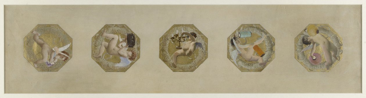 Skizze für das Hôtel de Ville de Paris, Festtreppe: Génies portant des attributs de fête, Anfang 1888 von Luc Oliver Merson