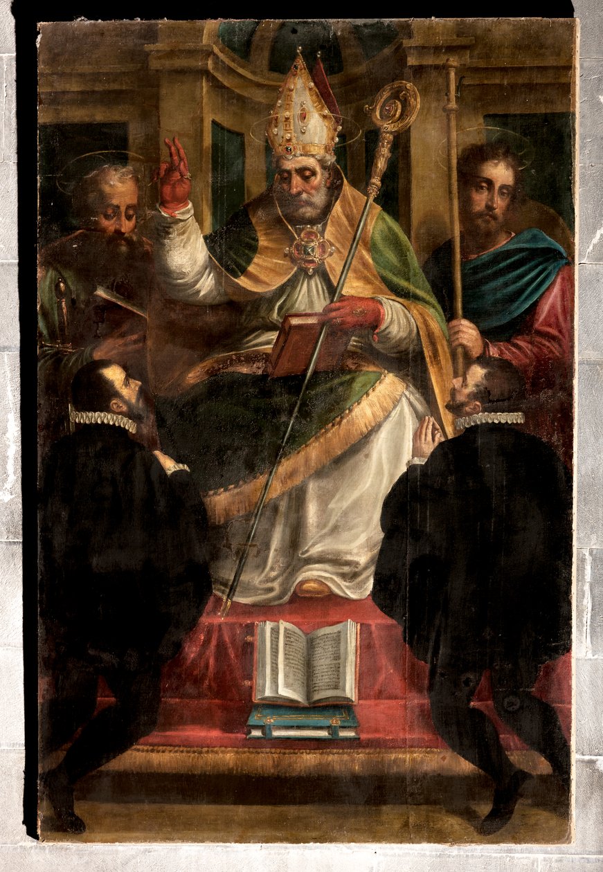 Genua, Duomo (St. Laurentius-Kathedrale): "St. Gotthard zwischen St. Paul und St. Jakob und zwei knienden Gläubigen" (1571), von Luca Cambiaso (mit Übermalungen von Carlo Giuseppe Ratti) von Luca Cambiaso