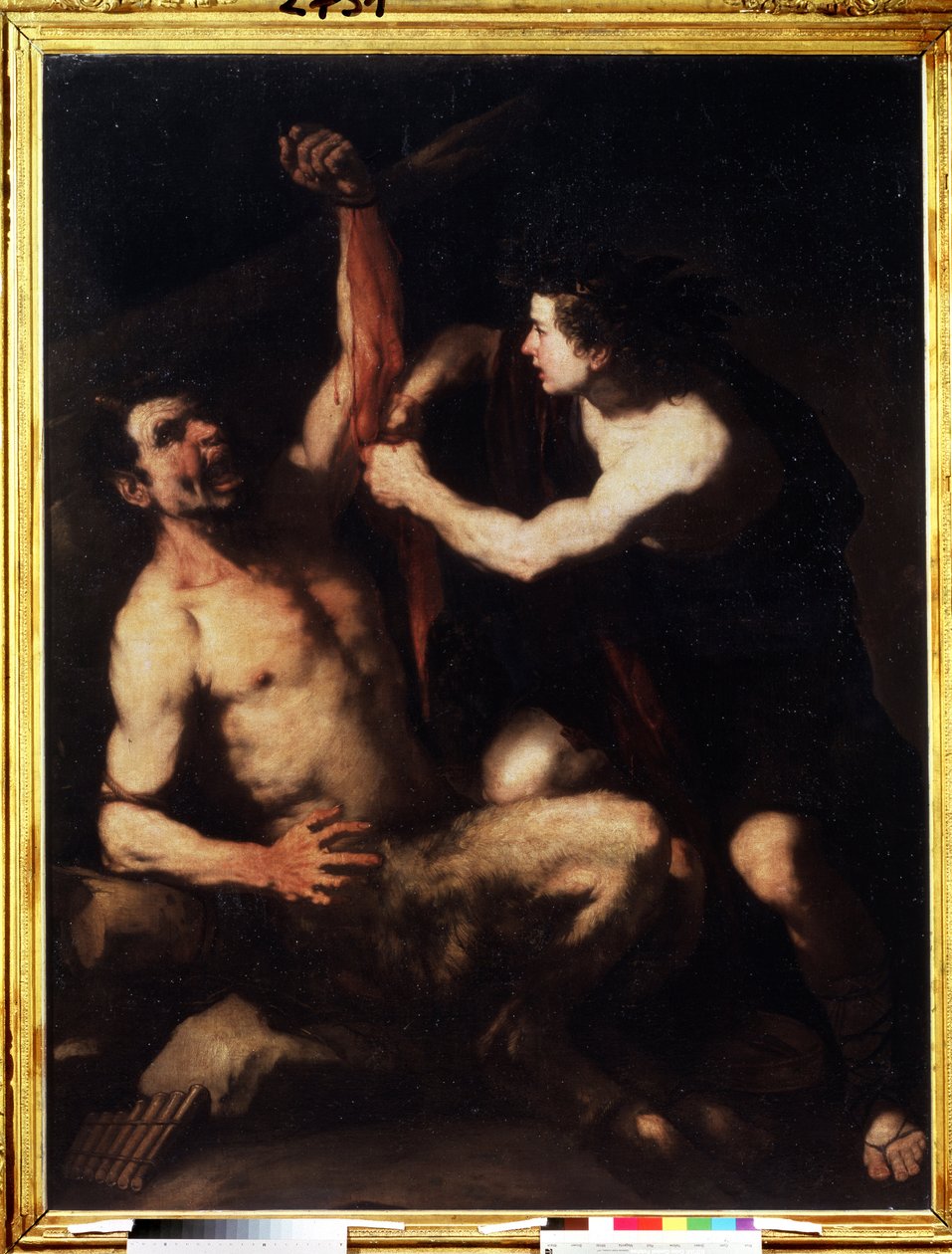 Apollon und Marsyas. Apollon, nachdem er den Wettstreit gegen Marsyas gewonnen hat, lässt ihn häuten und wirft ihn dann in eine Höhle. Gemälde von Luca Giordano (1632-1705) von Luca Giordano