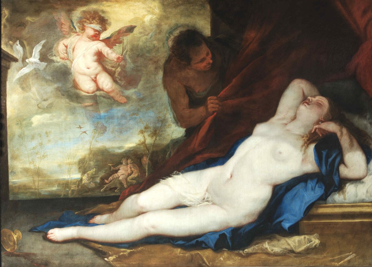 Schlafende Venus, Amor und Satyr, um 1670 von Luca Giordano