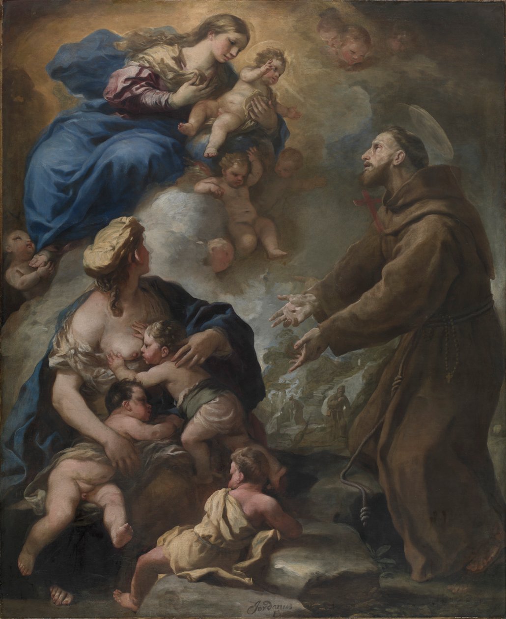 Die Jungfrau und das Kind erscheinen dem Heiligen Franz von Assisi, 1680er von Luca Giordano