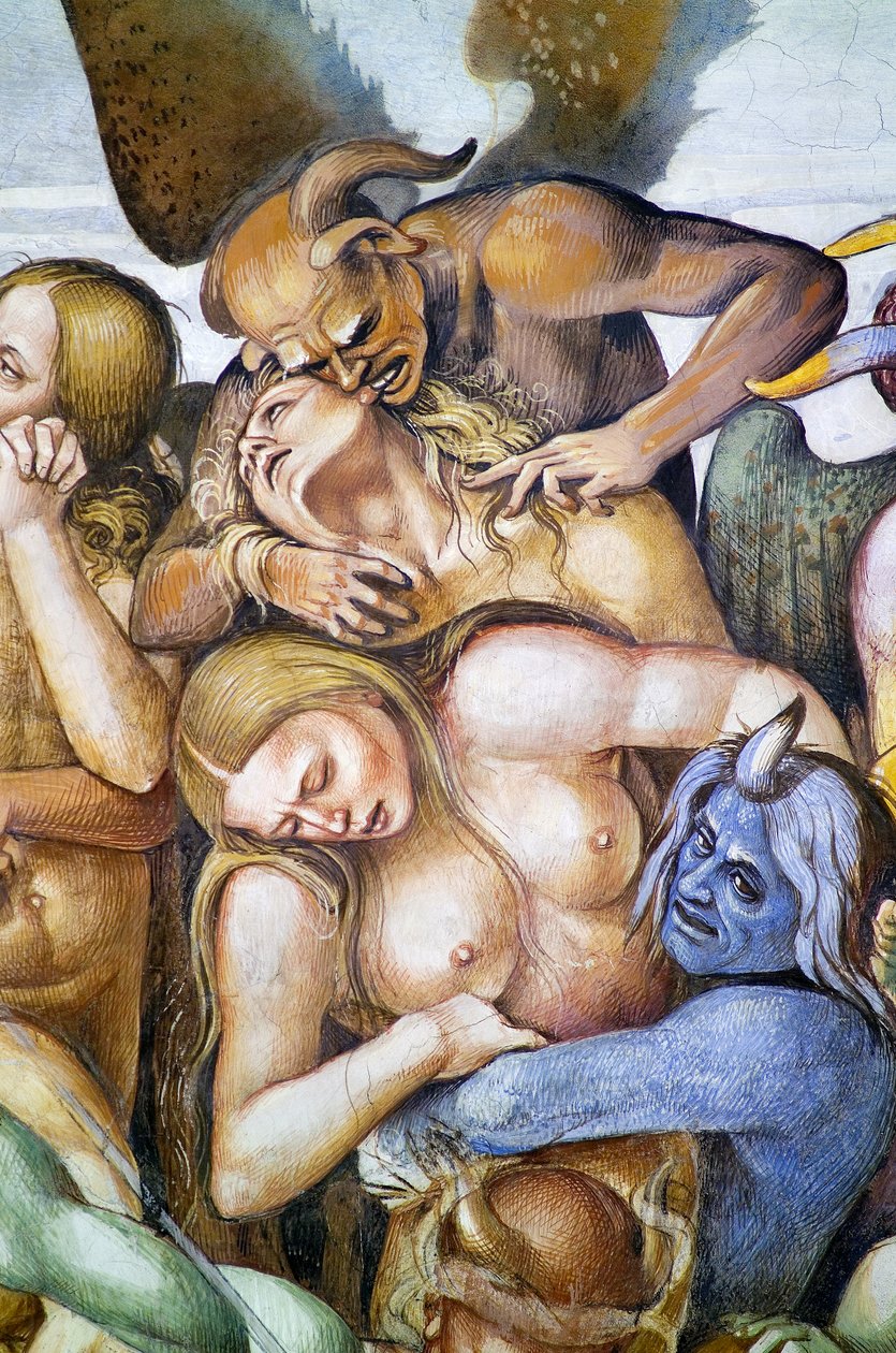 Verdammte in der Hölle, (Detail) mit Selbstporträt von Luca Signorelli als blauer Dämon, aus dem Freskenzyklus des Jüngsten Gerichts von Luca Signorelli