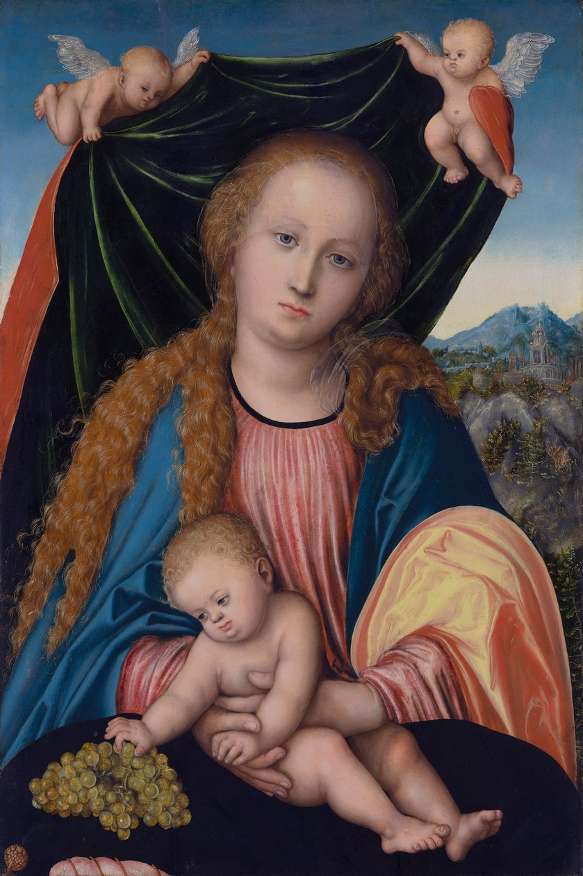 Madonna mit Kind und Trauben, Zwei Engel halten einen Vorhang von Lucas Cranach the Elder