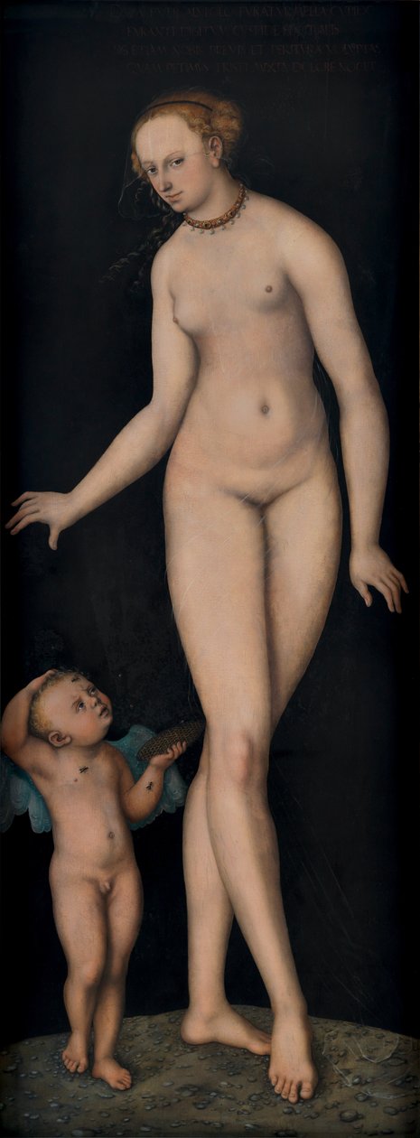 Venus mit Amor als Honigdieb vor schwarzem Grund von Lucas Cranach the Elder