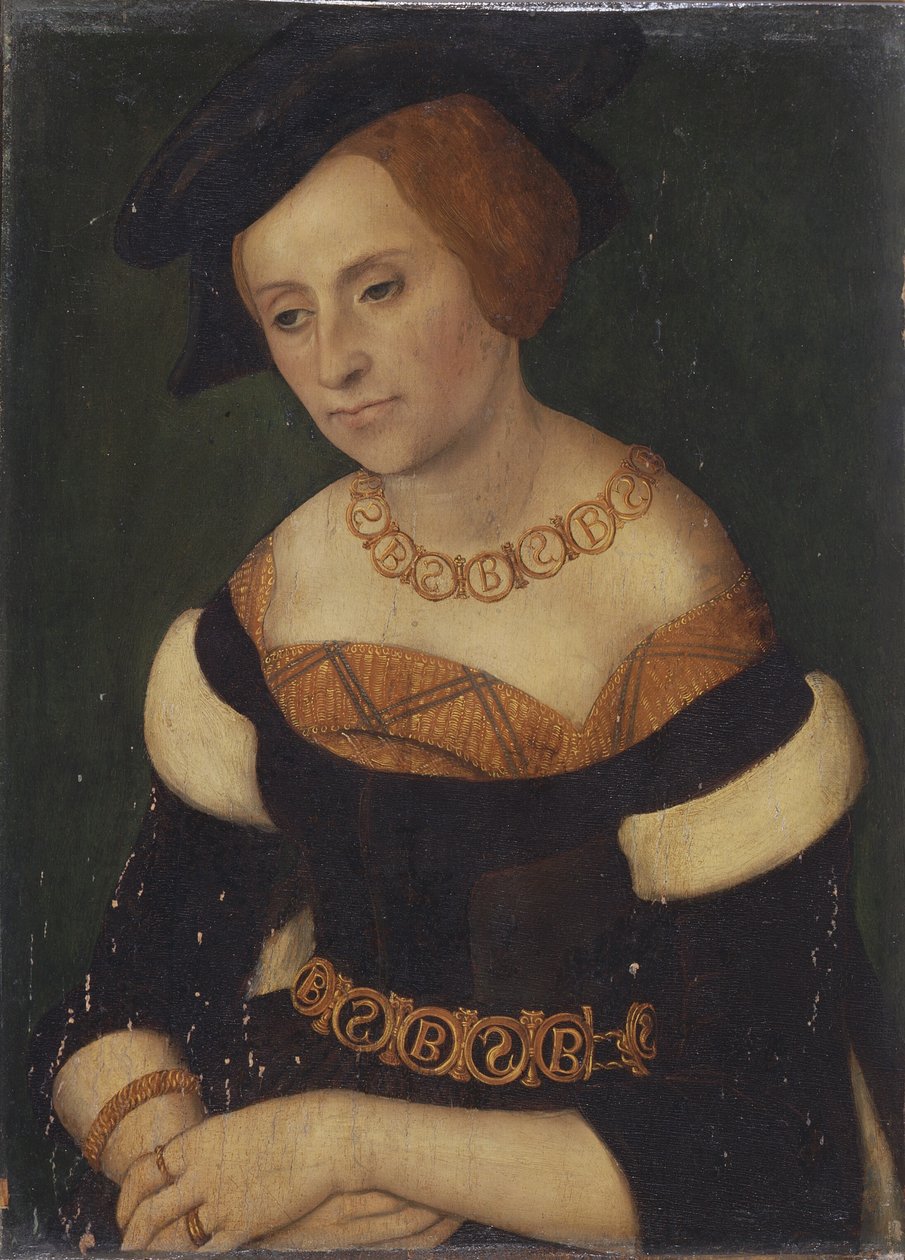 Porträt von Barbara Zapolya, Königin von Polen mit Halskette und Gürtel mit B&S-Monogramm von Lucas Cranach the Elder