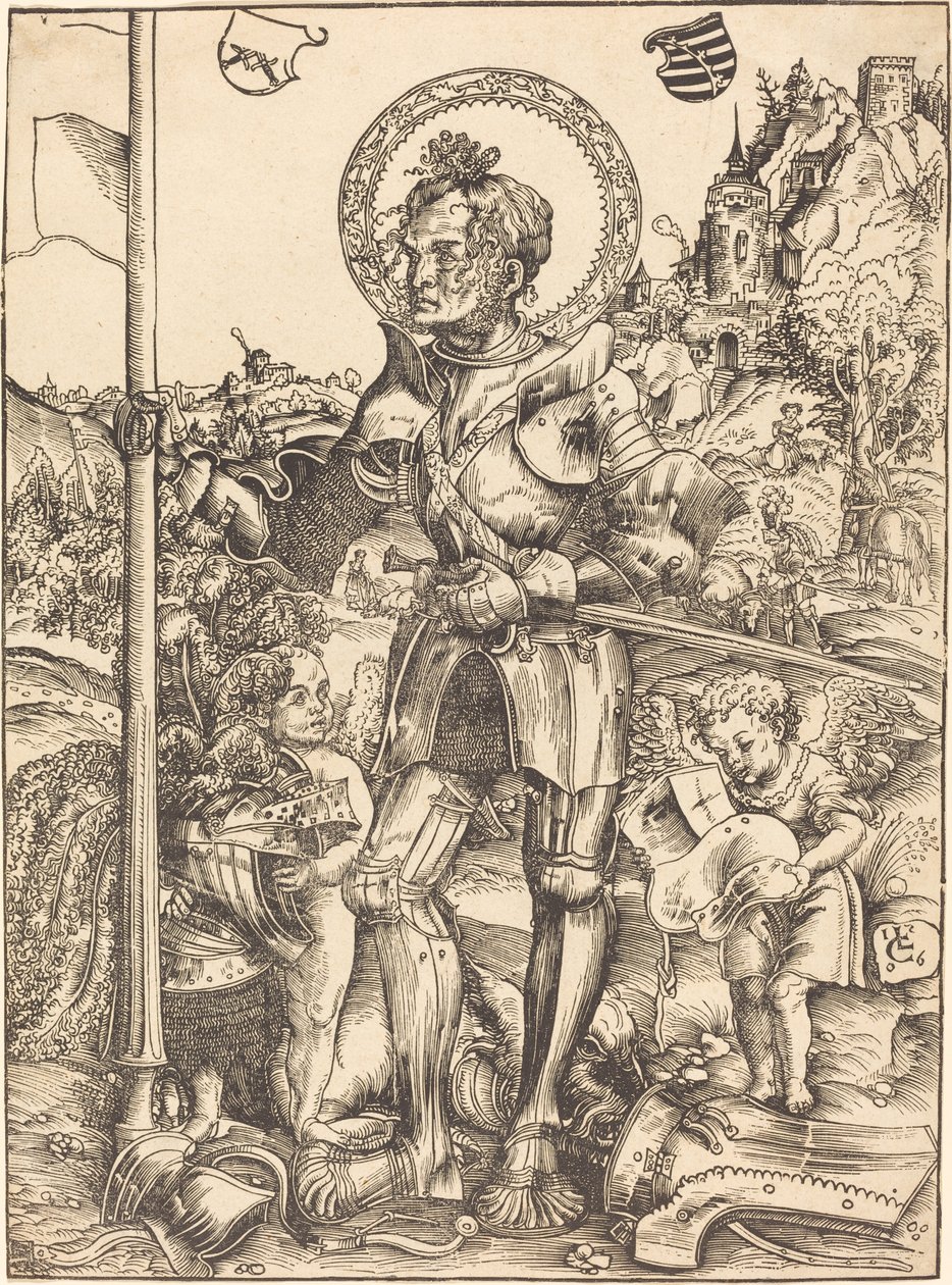 Heiliger Georg stehend, mit zwei Engeln von Lucas Cranach the Elder