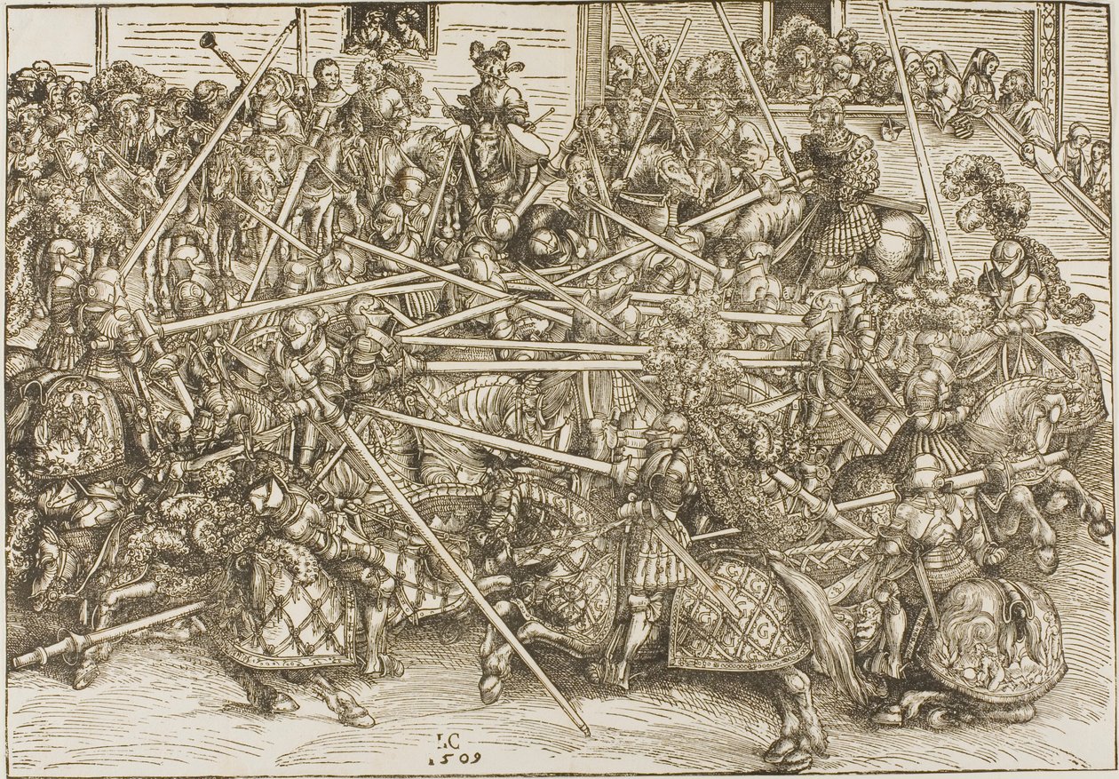 Das dritte Turnier, mit Rittern, die Lanzen brechen von Lucas Cranach the Elder