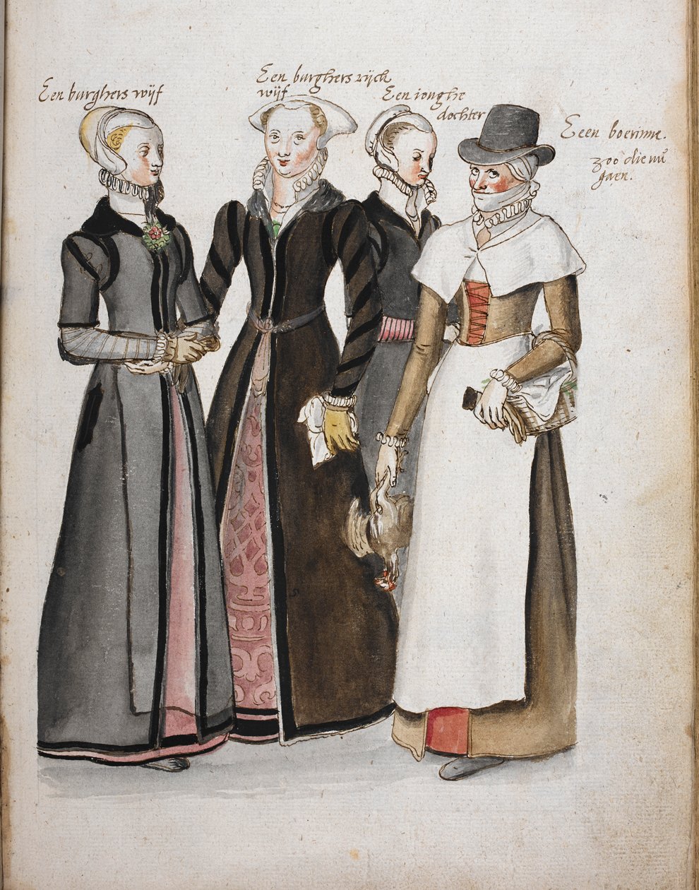 Vier Engländerinnen in der Kleidung der elisabethanischen Ära: eine Frau eines Bürgers von London, eine Frau eines wohlhabenden Bürgers von London, eine Tochter der Frau des Bürgers von London und eine Landfrau, 