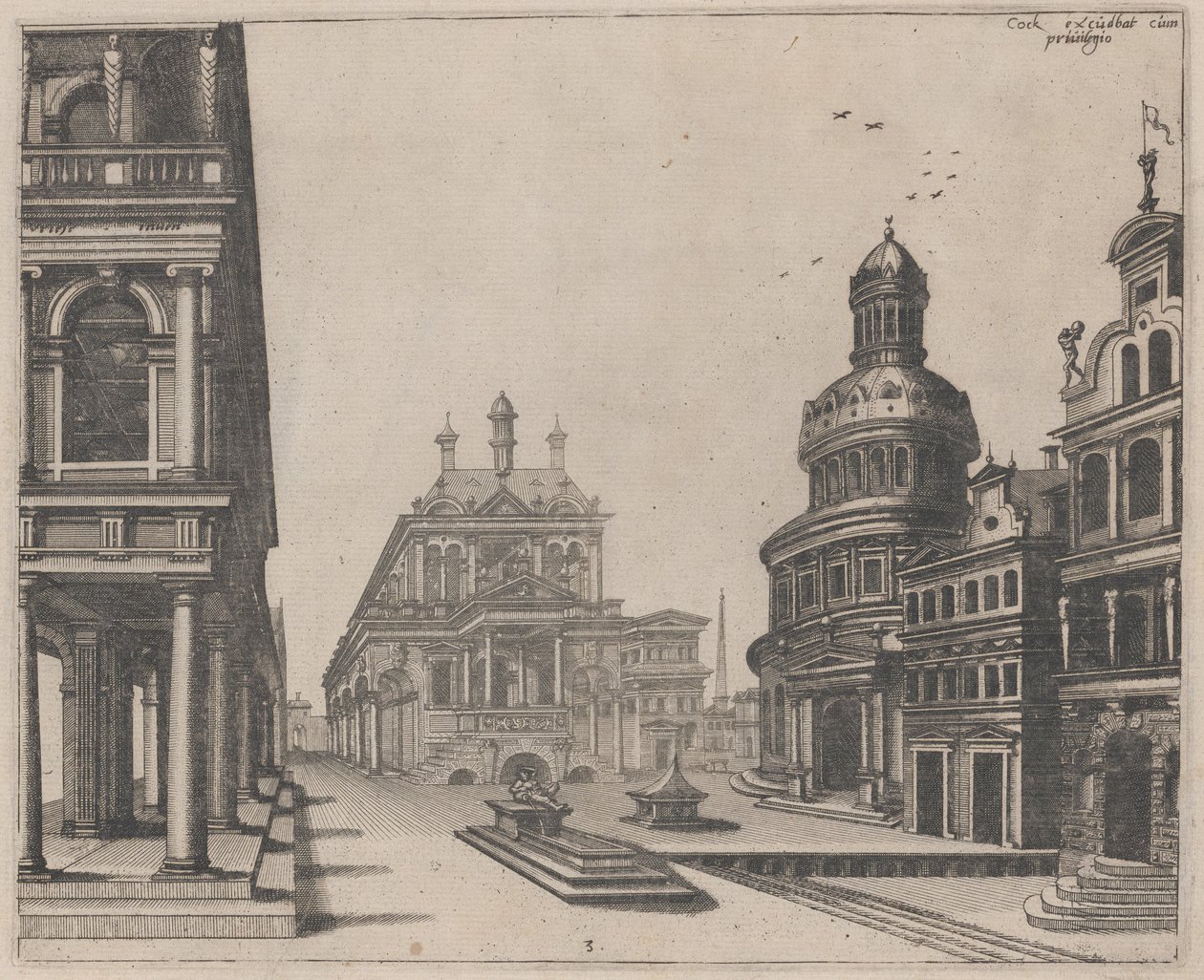 Ecke eines Palastes mit Kolonnade und Rundbau von Lucas van Doetechum and Johannes