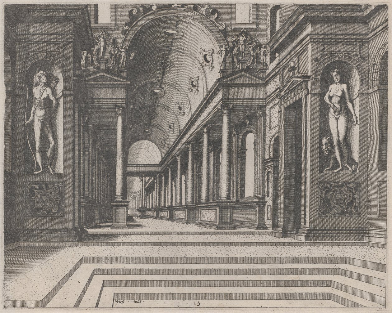 Ansicht in einer Kirche mit korinthischen Säulen und Statuen von Apollo, Melpomene und Moses von Lucas van Doetechum and Johannes