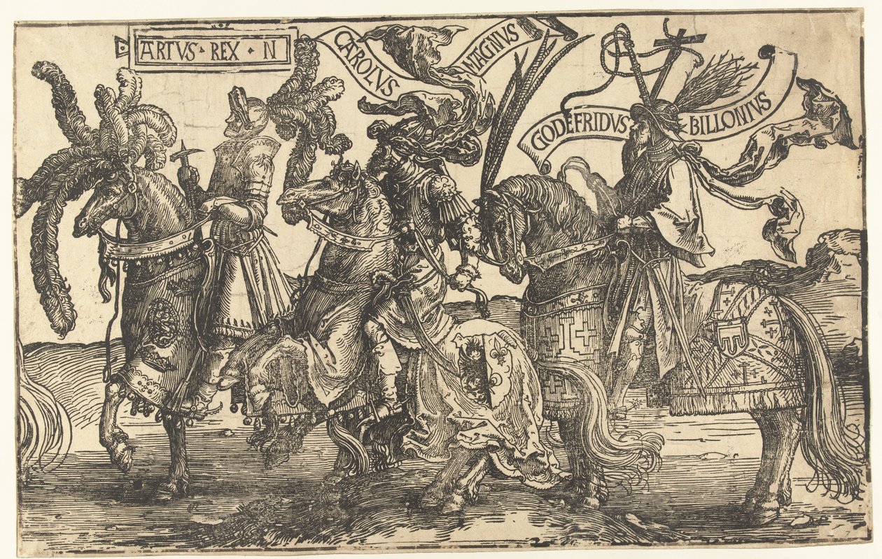 Die Helden König Artus, Karl der Große und Gottfried von Bouillon von Lucas van Leyden