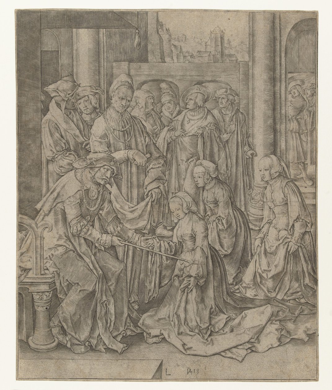 Esther kniet vor Ahasverus von Lucas van Leyden