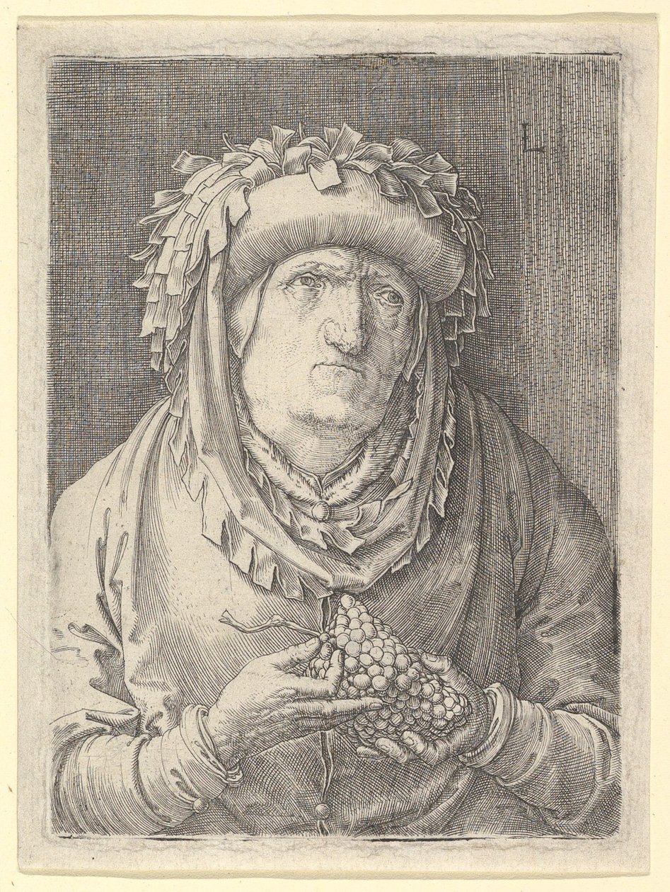 Alte Frau mit Trauben, ca. 1523 von Lucas van Leyden
