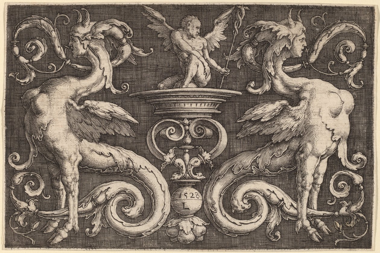Ornament mit zwei Sphinxen und einem geflügelten Mann von Lucas van Leyden