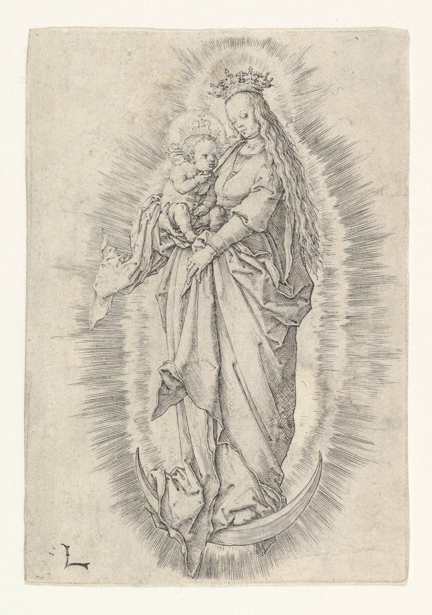 Die gekrönte Jungfrau mit Kind in Herrlichkeit (ca. 1512) von Lucas van Leyden