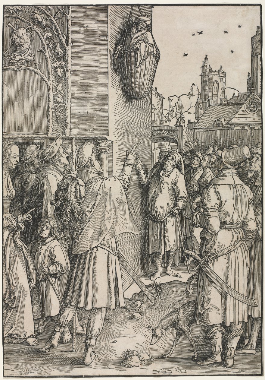 Die Macht der Frauen: Der Dichter Virgil in einem Korb aufgehängt von Lucas van Leyden