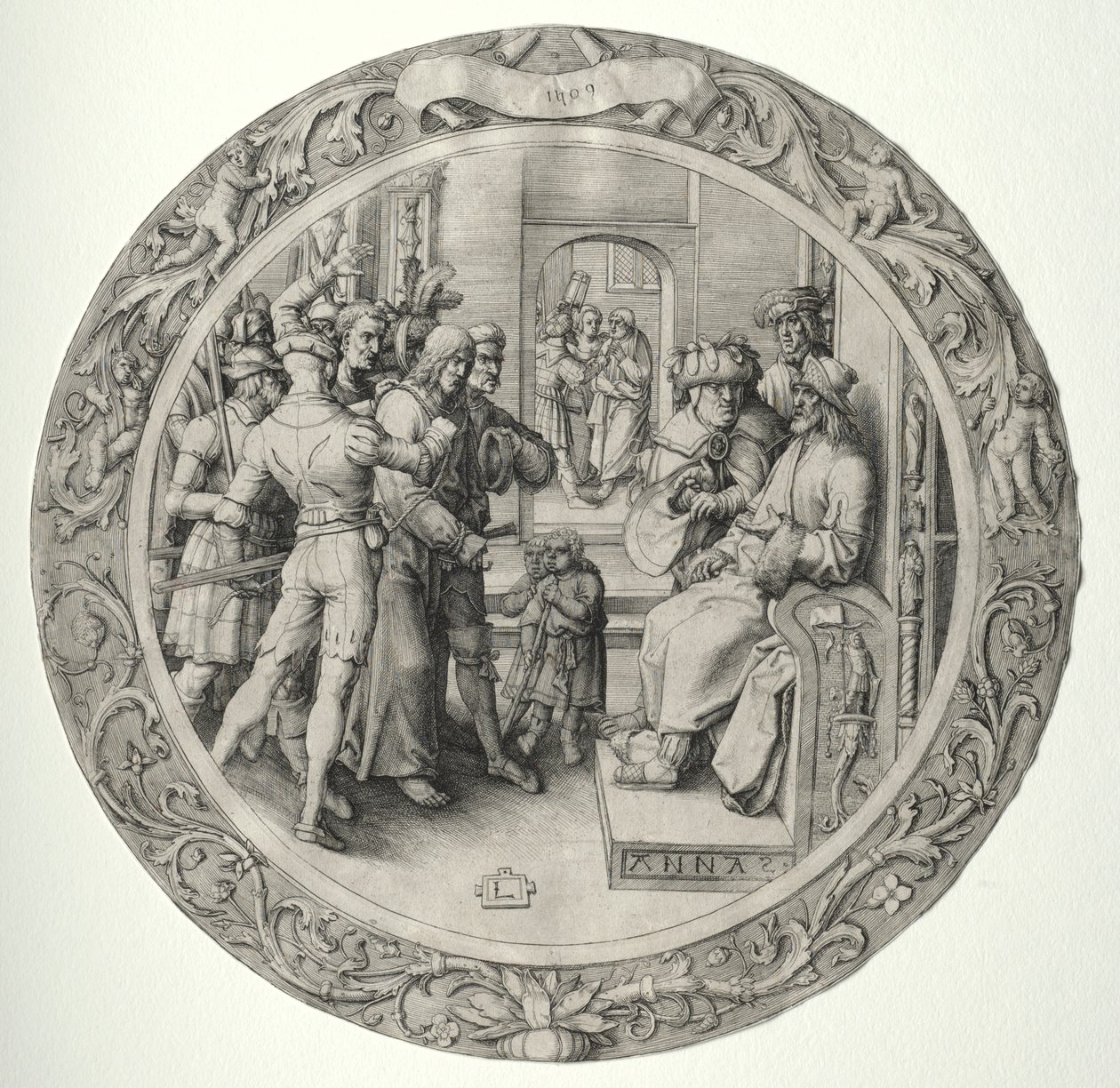 Die Runde Passion: Christus vor dem Hohenpriester von Lucas van Leyden