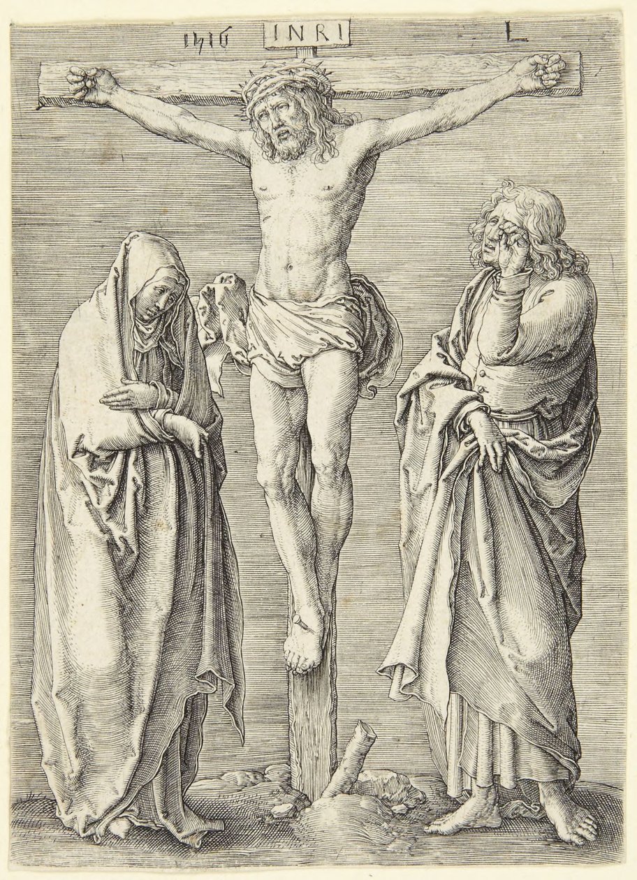 Die Jungfrau und St. Johannes am Fuße des Kreuzes von Lucas van Leyden
