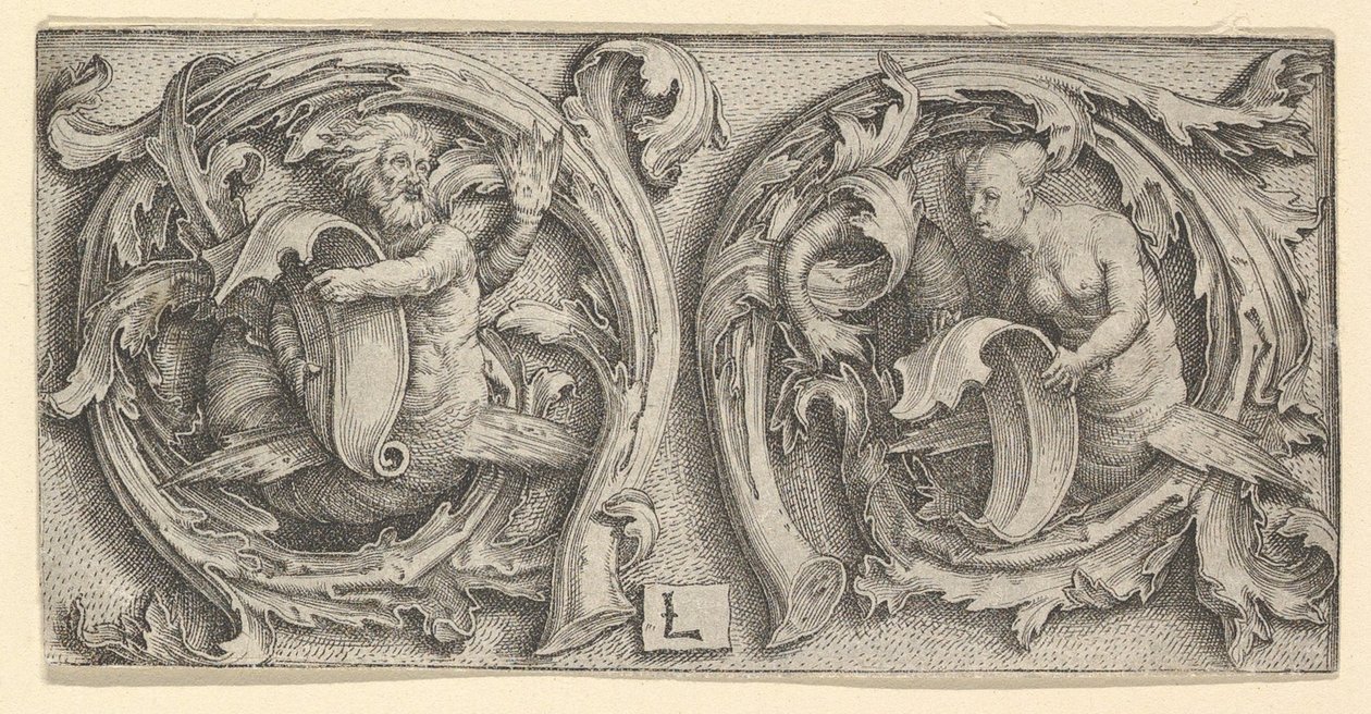 Triton und Sirene in Ranken, ca. 1510 von Lucas van Leyden