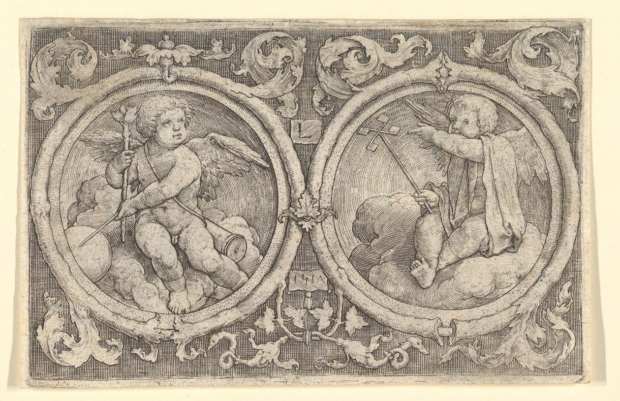 Zwei Putti, die in Wolken in Kreisen mit Ranken sitzen, 1517 von Lucas van Leyden