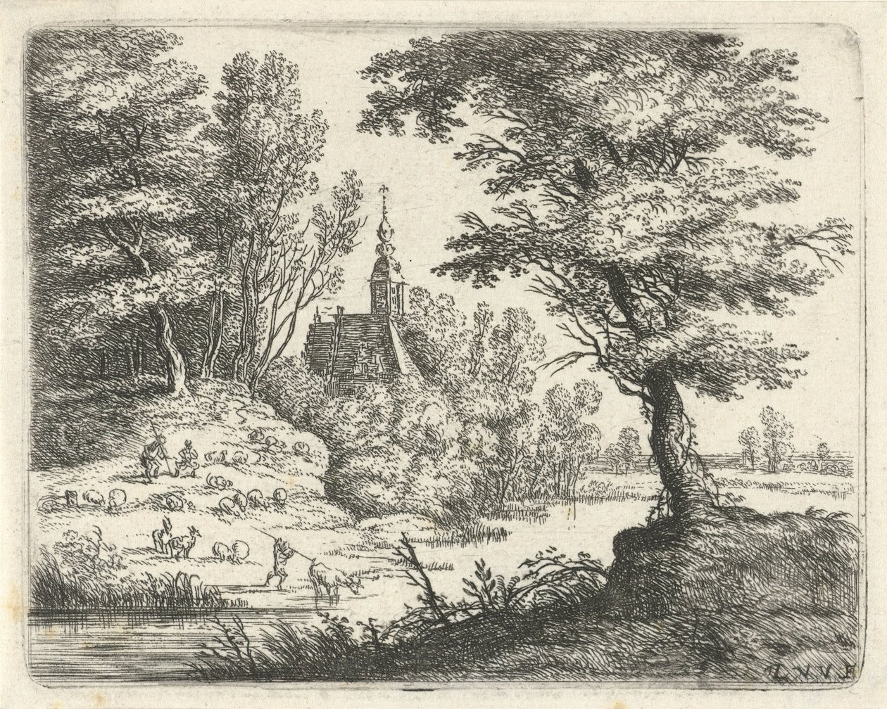Landschaft mit Hirten und Vieh an einem Fluss von Lucas van Uden