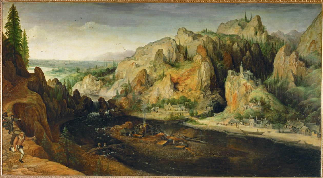 Gebirgslandschaft mit Räubern und Hochofen, um 1558 von Lucas van Valckenborch