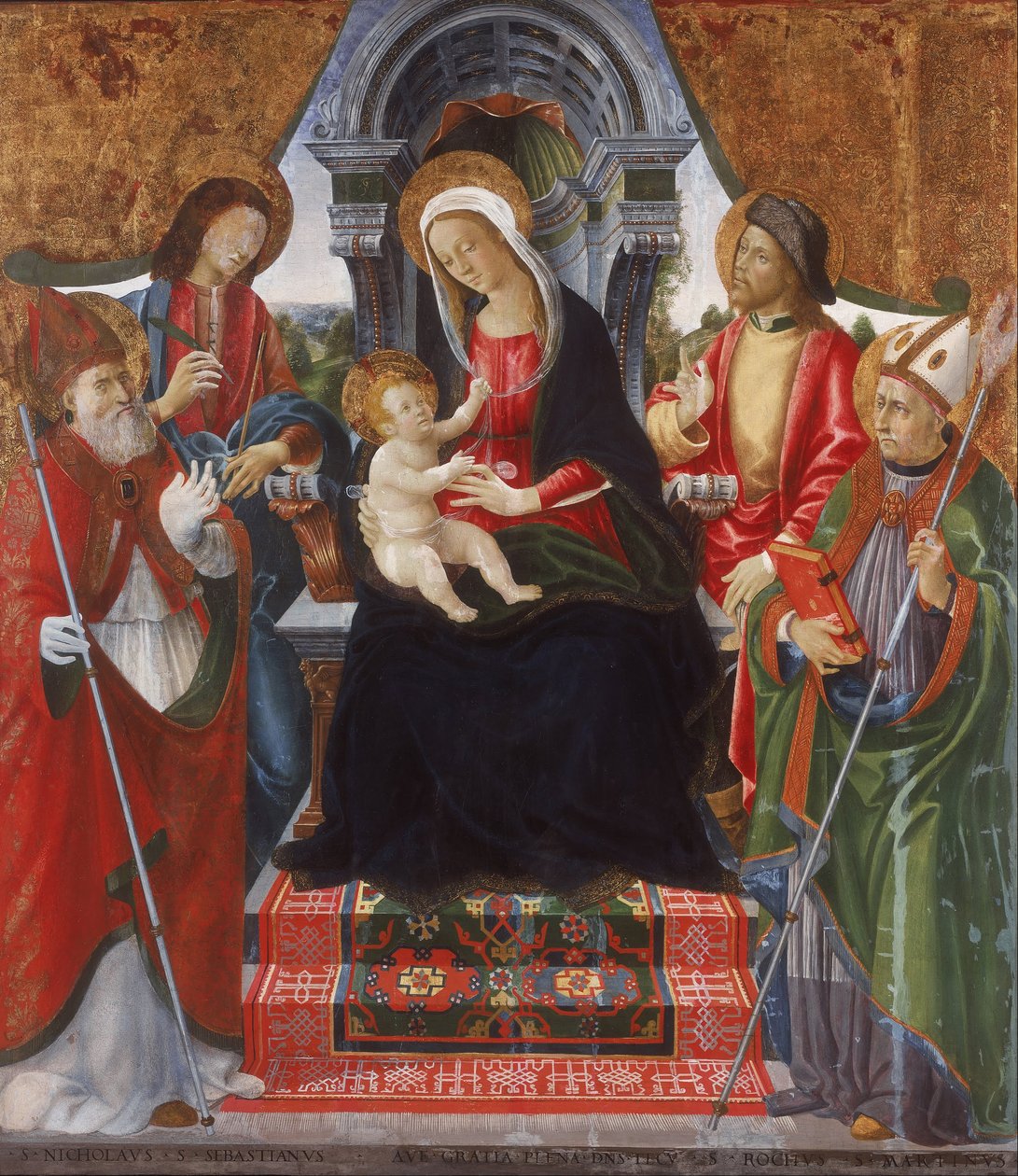 Jungfrau und Kind mit den Heiligen Nikolaus, Sebastian, Rochus und Martin von Lucchese School Late 15th Century