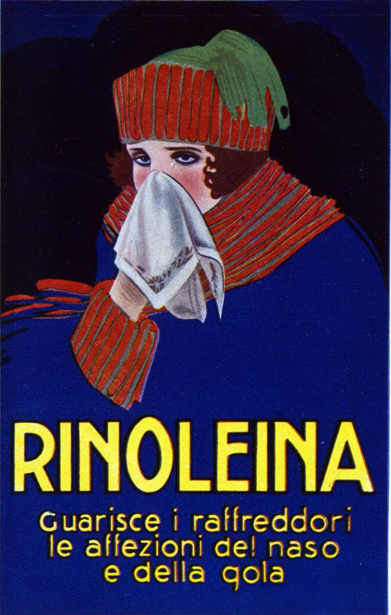 Werbung für das Medikament Rinoleina gegen Erkältungen, Halsschmerzen und Husten. Illustration von Lucien Achille Mauzan (1883 - 1952). von Luciano Achille Mauzan
