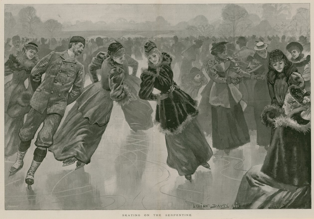 Schlittschuhlaufen auf der Serpentine, Hyde Park, London (Gravur) von Lucien Davis
