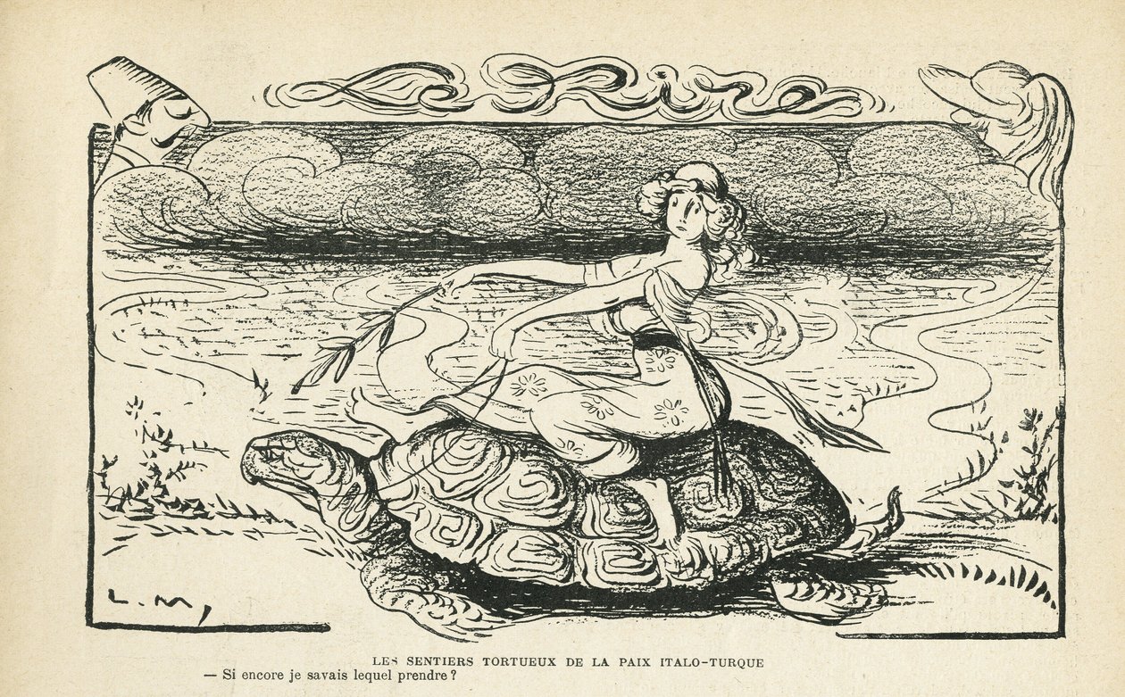 Illustration in Le Rire, 05/10/12 - Die verschlungenen Pfade des Friedens Italo-türkisch - Krieg, Türkei, Italien, Frieden - Schildkröte - Animation, Allegorie (Gravur) von Lucien Metivet