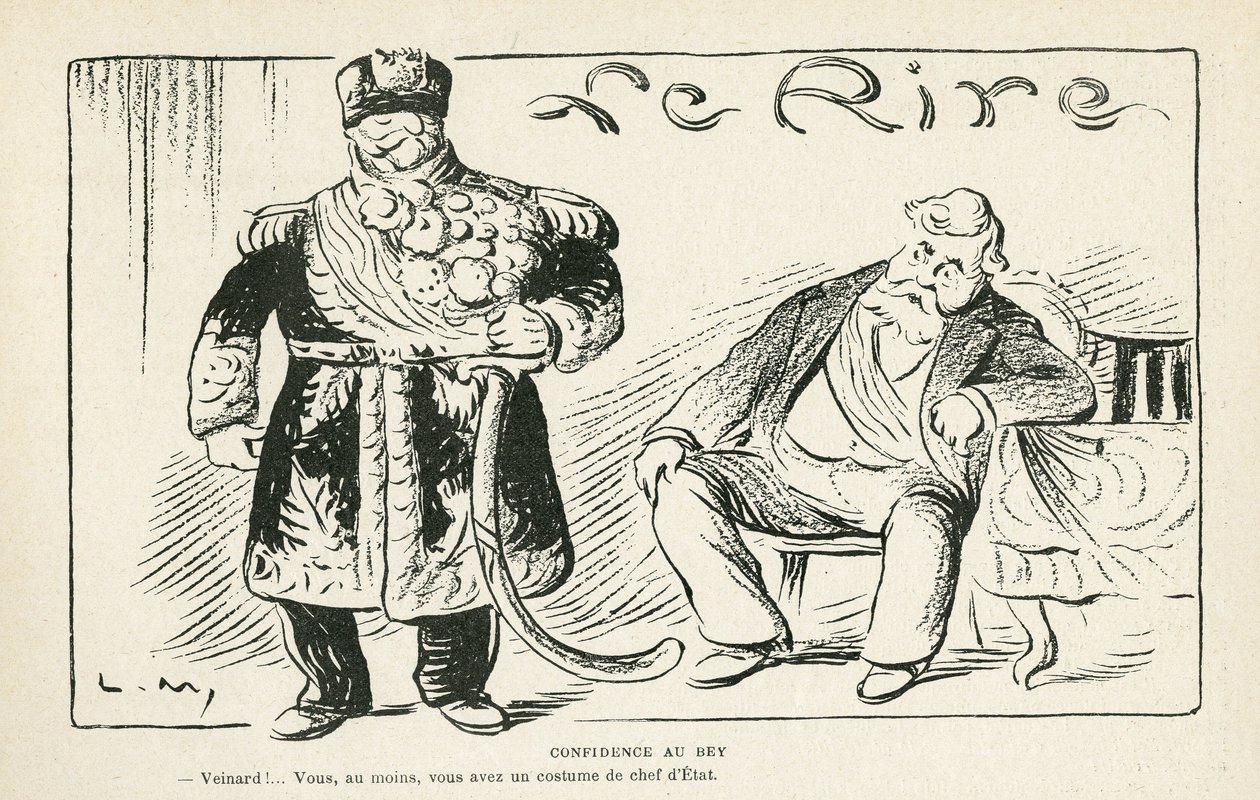 Illustration in Le Rire, 27/07/12 - Vertrauen in den Bey - Kolonisation - Fallieres Armand (1813-1941), Naceur Bey (Mohamed el-Naceur Bey) (1855-1922) (Gravur) von Lucien Metivet