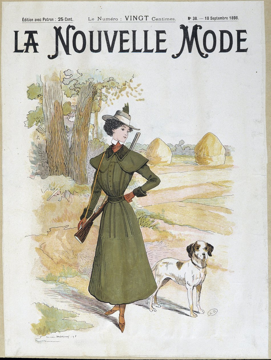 Frau in Jagdkleidung mit Gewehr - in "La Nouvelle Mode" vom Sept. 1898 von Lucien Metivet
