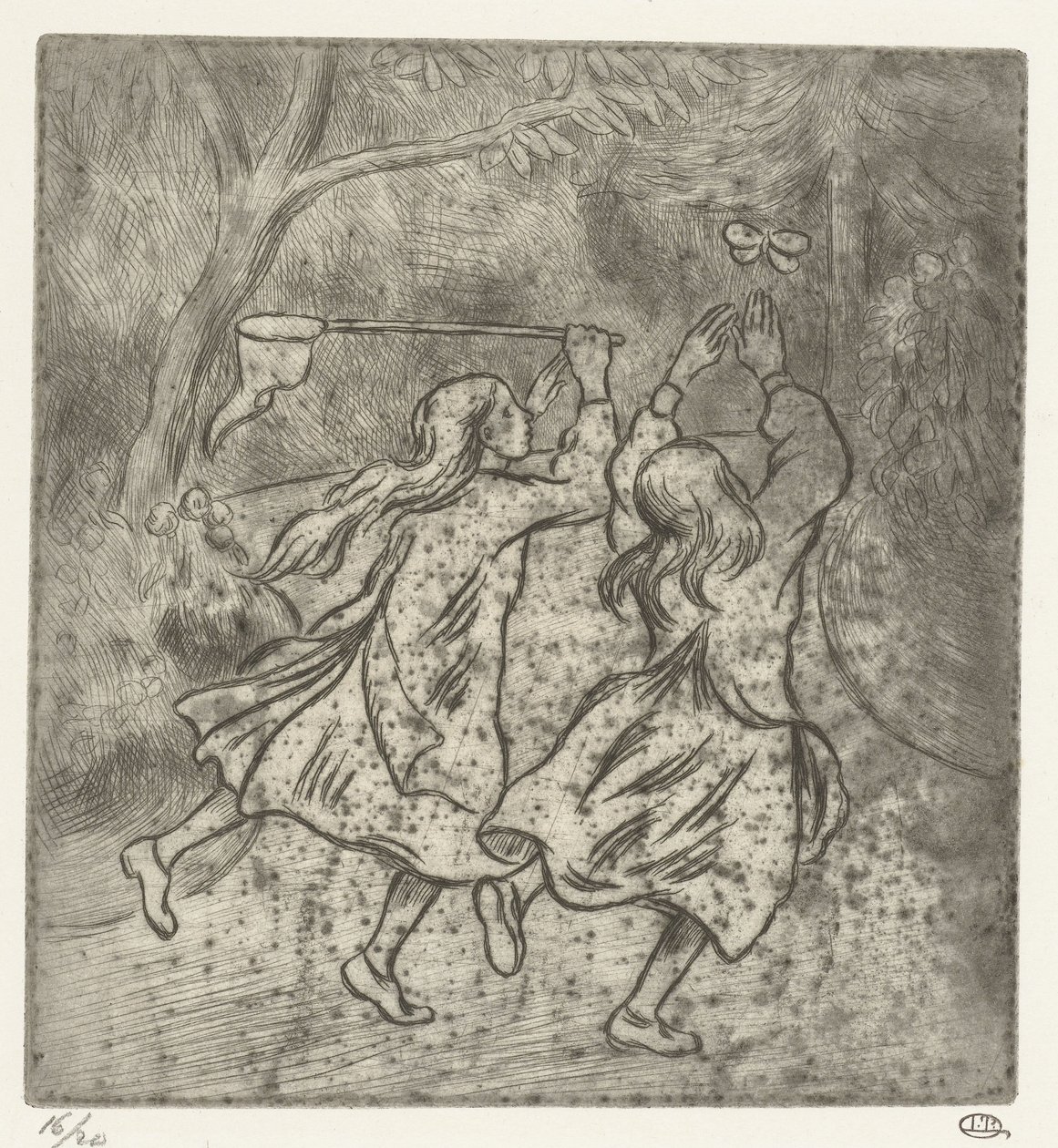 Twee meisjes aan het vlinders vangen von Lucien Pissarro