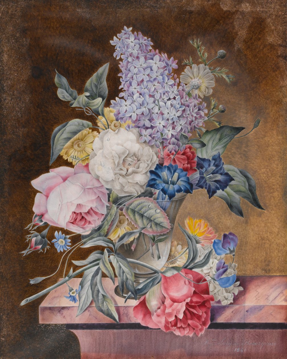 Blumenvase mit einer Rose und Flieder auf einer Marmorkante, 1841 von Lucy de Beaurepaire