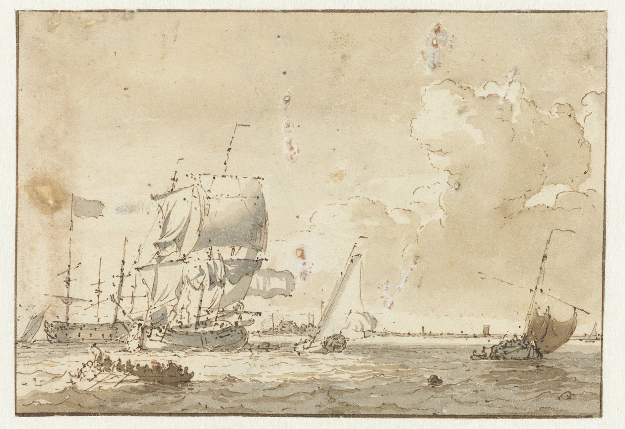 Schiffe auf dem Wasser vor einer Stadt von Ludolf Bakhuysen