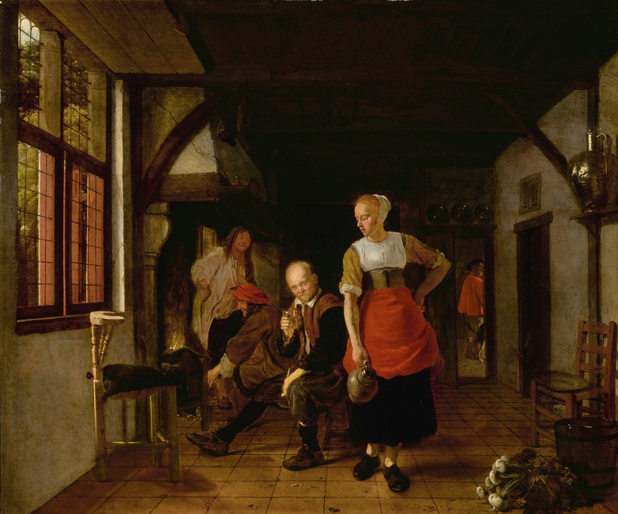 Eine Magd mit einem Krug und drei Männer am Feuer von Ludolf de Jongh