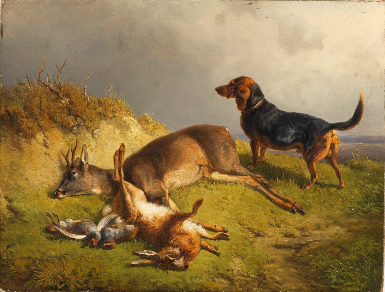 Erlegtes Wild und Jagdhund von Ludwig Gustav Voltz