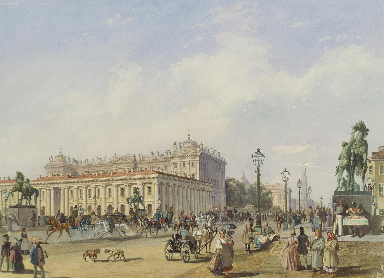 Die Anitschkow-Brücke in Sankt Petersburg, 1847 von Ludwig Franz Karl Bohnstedt