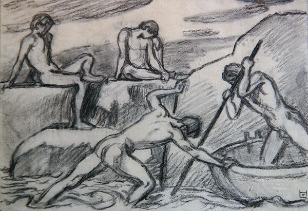 Nackter Bootsführer und Jugendliche an einem grünen Ufer von Ludwig von Hofmann