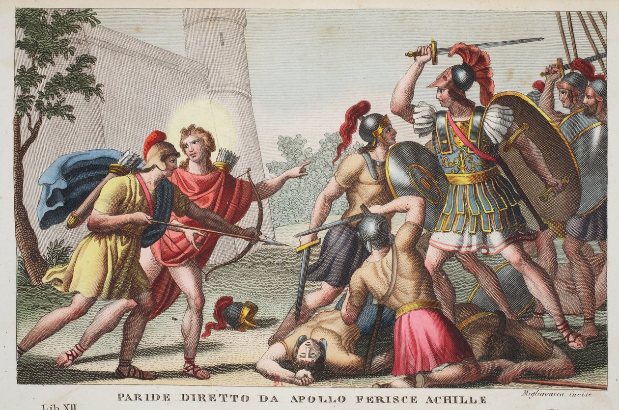 Paris tötet Achilles oder Paride diretto da Apollo Ferince Achille, Buch XIII, Illustration aus Ovids Metamorphosen, Florenz, 1832 von Luigi Ademollo