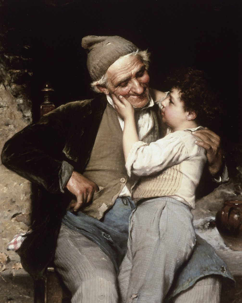 Der perfekte Enkel. Ein Kind berührt das Gesicht seines Großvaters, der ihm lächelnd und liebevoll zusieht. Gemälde von Luigi Bechi (1830-1919). von Luigi Bechi