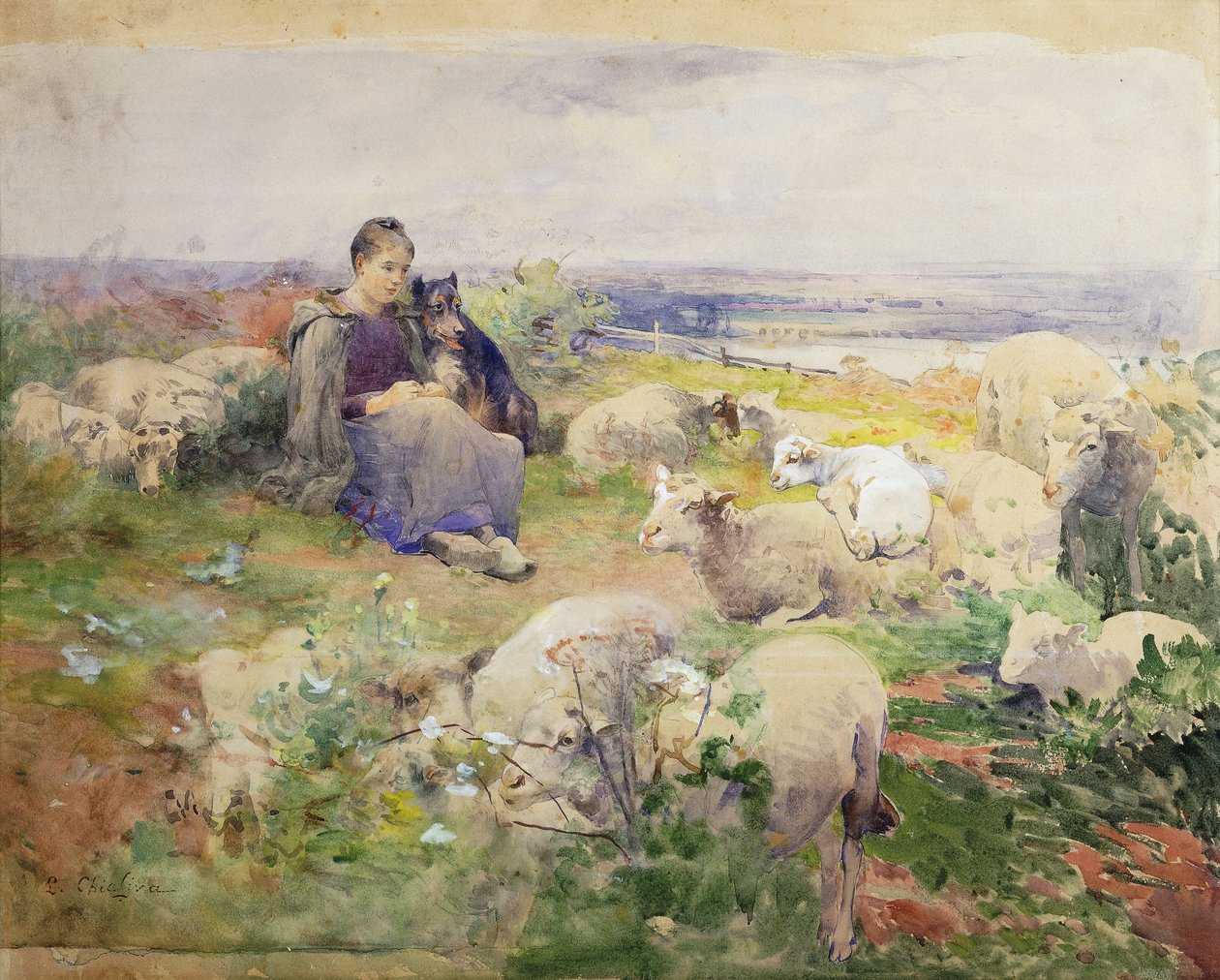 Eine Schäferin mit ihrer Herde von Luigi Chialiva