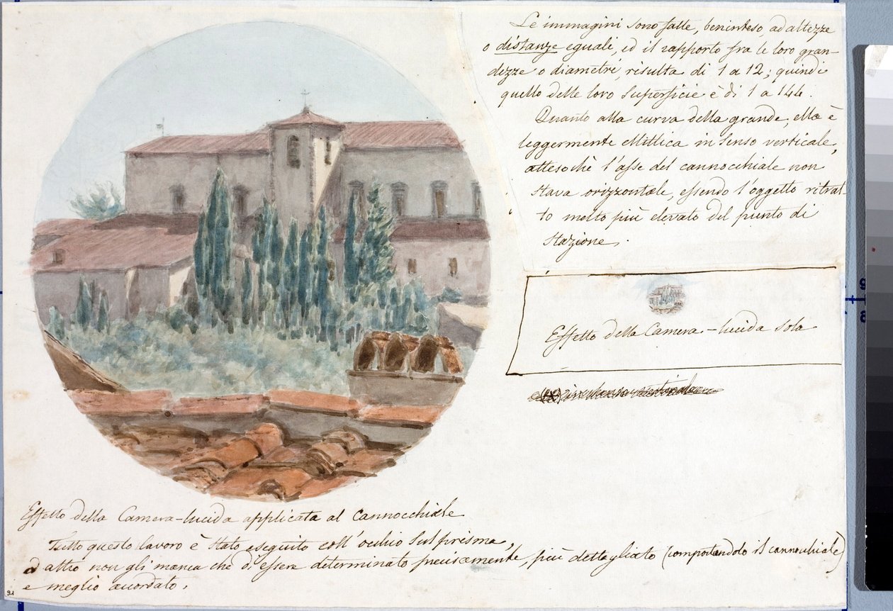 Teleskopansicht der Kirche San Salvatore al Monte bei Florenz (Zeichnung und Aquarell, ca. 1833) von Luigi Garibbo