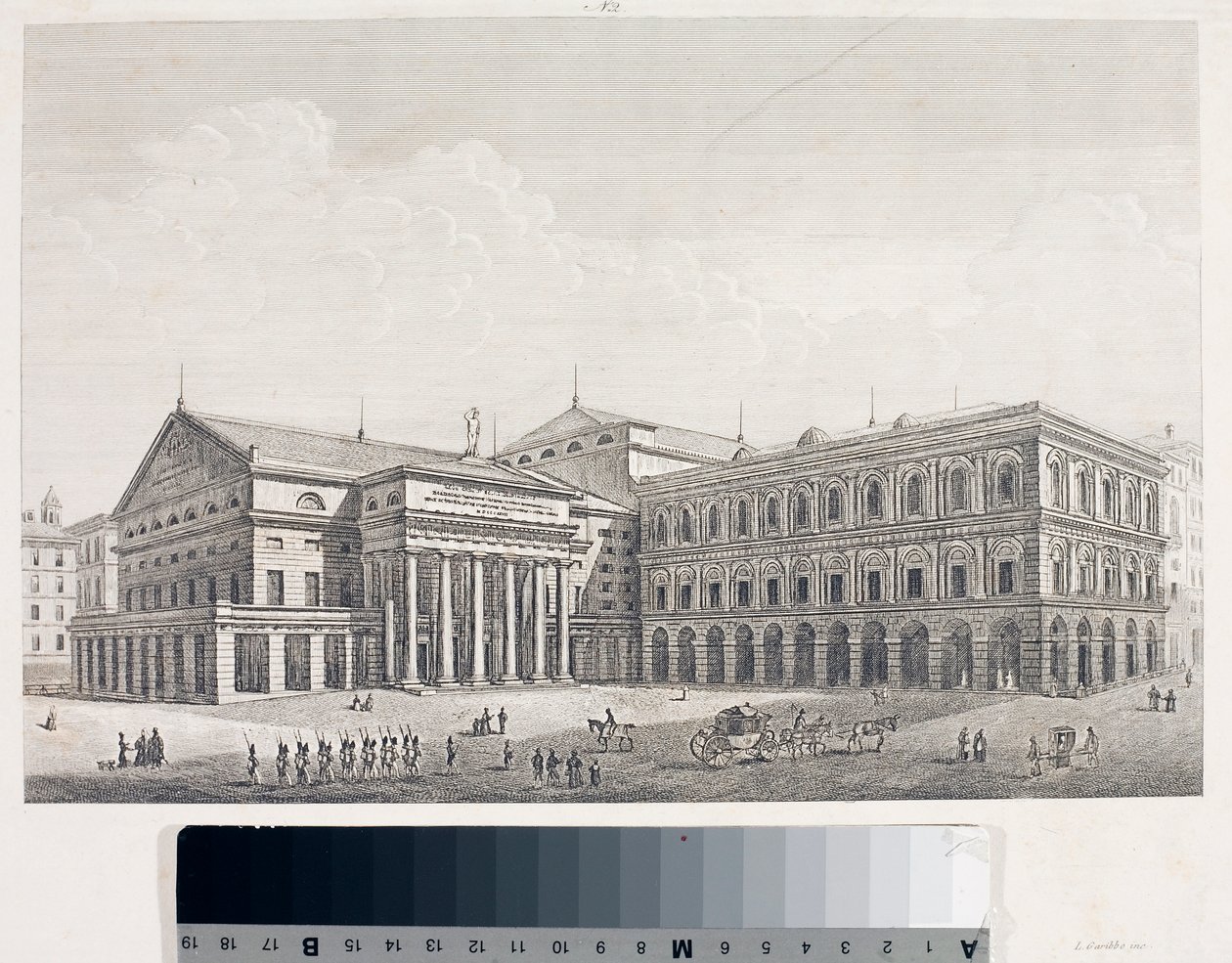 Ansicht des Carlo Felice Theaters und des Palastes der Akademie in Genua (Radierung) von Luigi Garibbo