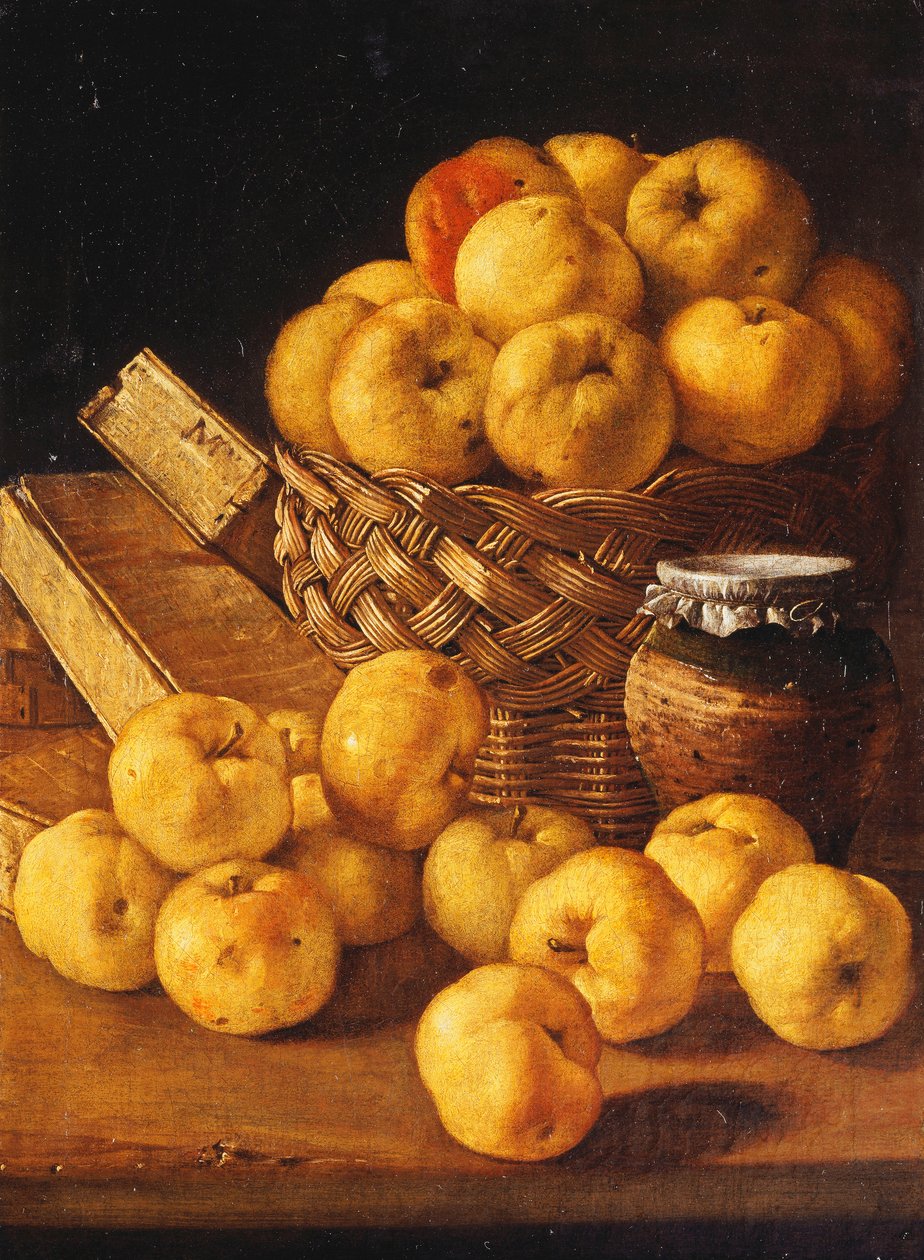 Äpfel in einem Korb, ein Krug und Gewürzdosen auf einem Tisch von Luis Egidio Melendez