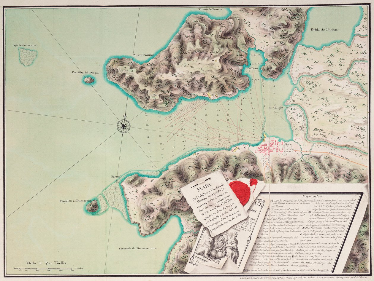 Karte der Bucht und Stadt von S. Phelipe de Portobelo von Luis de Surville