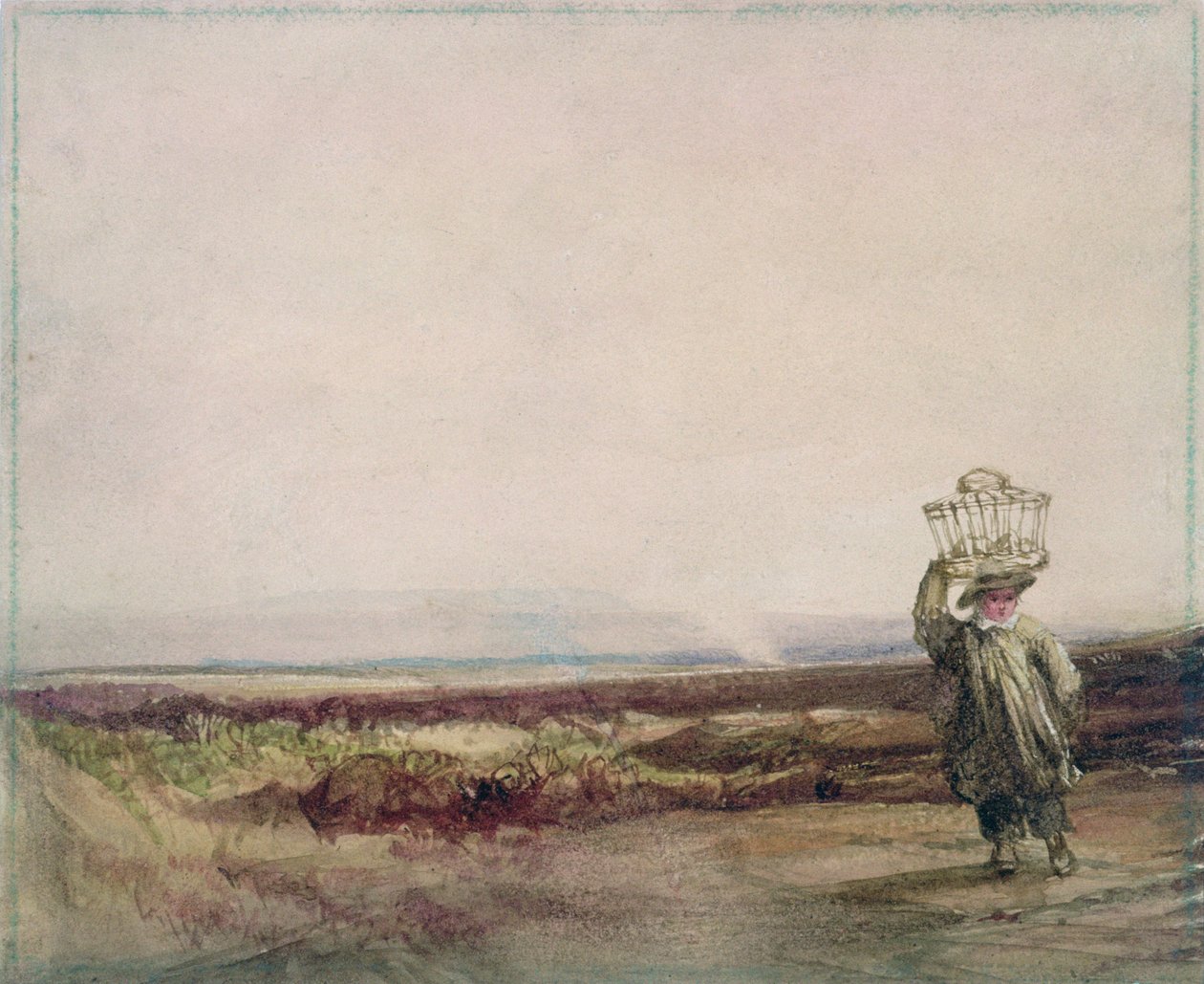 Ein Junge trägt einen Korb auf dem Kopf, in einer Moorlandschaft von Luke Clennell
