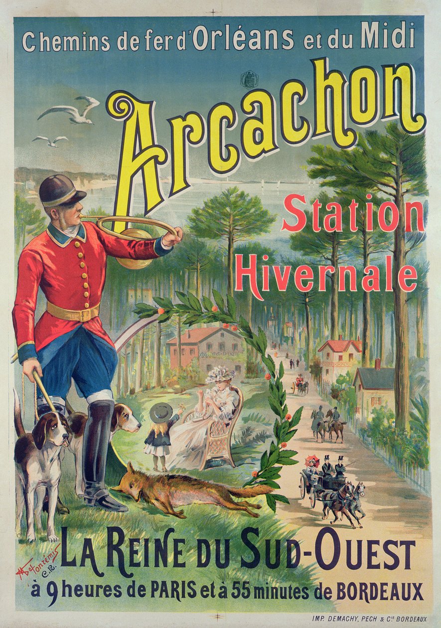 Plakat, das den Badeort Arcachon bewirbt, ca. 1910 von M. de Fonremis