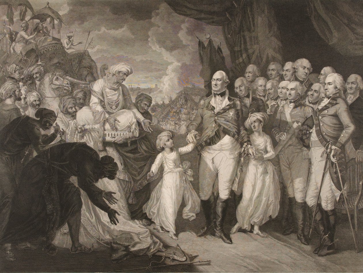 Der Marquis Cornwallis empfängt die Geiselprinzen, Söhne von Tippoo Sultan von M. (after) Brown